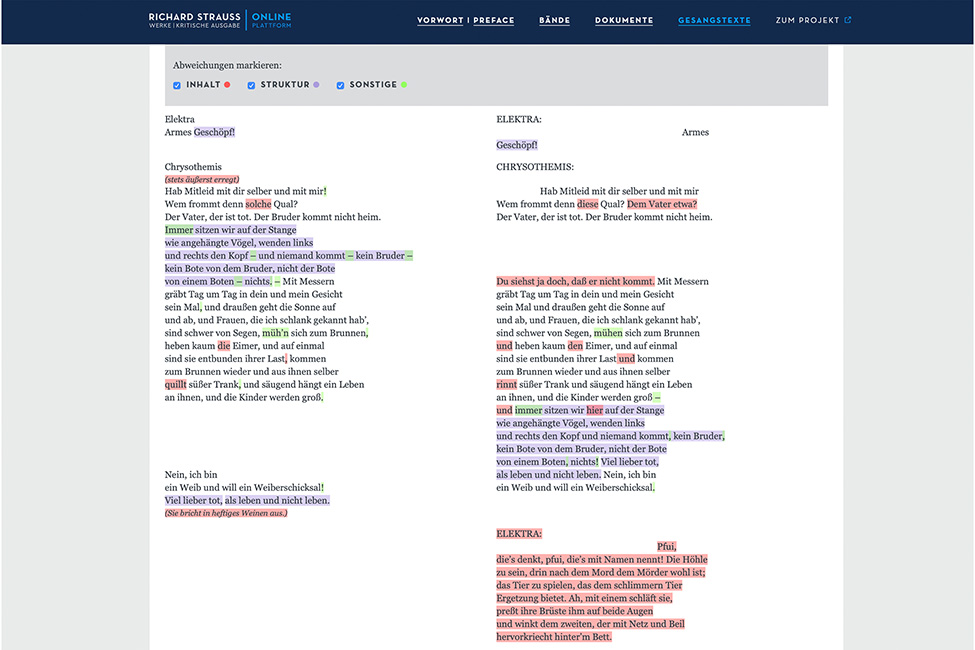 Screenshot aus der Textsynopse zur Oper „Elektra“ auf der Online-Plattform zur Ausgabe: links der von Strauss vertonte Text, rechts die Textvorlage, Hofmannsthals Trag&ouml;die. Unterschiede lassen sich nach verschiedenen Kategorien farbig anzeigen.