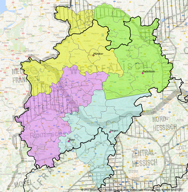 Standorte und Erhebungsgebiete des DMW (&copy; DMW-Projekt 2017; erstellt mit QGIS 2017; nach Wiesinger 1983