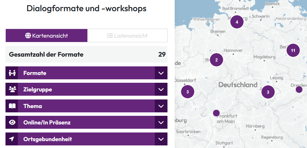 PNG-Format, Screenshot des Internetauftritts der Karte f&uuml;r Dialogformate und -workshops, 9.4.2026, "Dialogkarte"