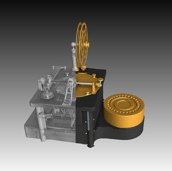 CT-Rekonstruktion des Kryptographen von Alexis K&oslash;hl, teilweise eingef&auml;rbt. Inv.-Nr. 46453