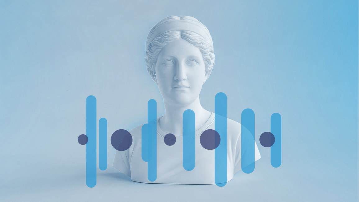 Bust of a woman with braided hair against a light blue background with a graphic of blue and dark blue vertical bars and circles in front