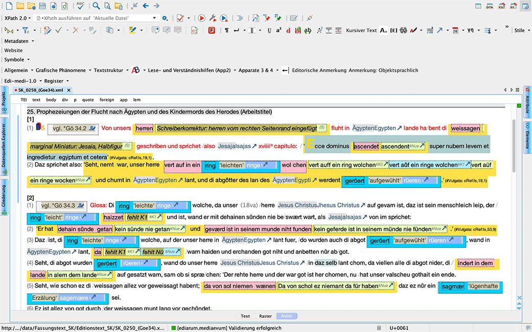 Mit dem eigens angepassten Editionswerkzeug ediarum.Mediaevum arbeiten die Arbeitsstellen in Augsburg und Berlin gemeinsam an der Textherstellung des ‚Evangelienwerkes‘.