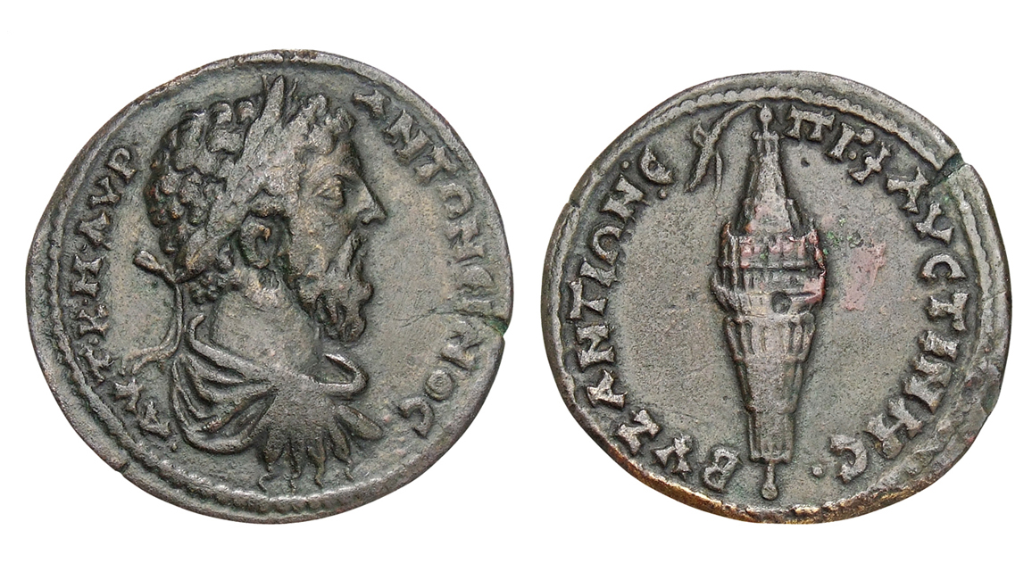 M&uuml;nze: Brustbild des b&auml;rtigen Marc Aurel mit Lorbeerkranz, Panzer und Feldherrenmantel