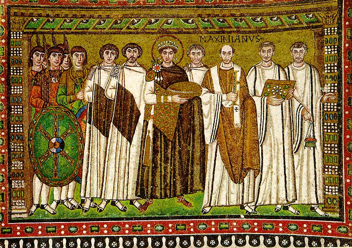 Kaiser Justinian I. (527-565) und seine Gefolge, Mosaik von San Vitale in Ravenna, 6. Jh. n. Chr. 