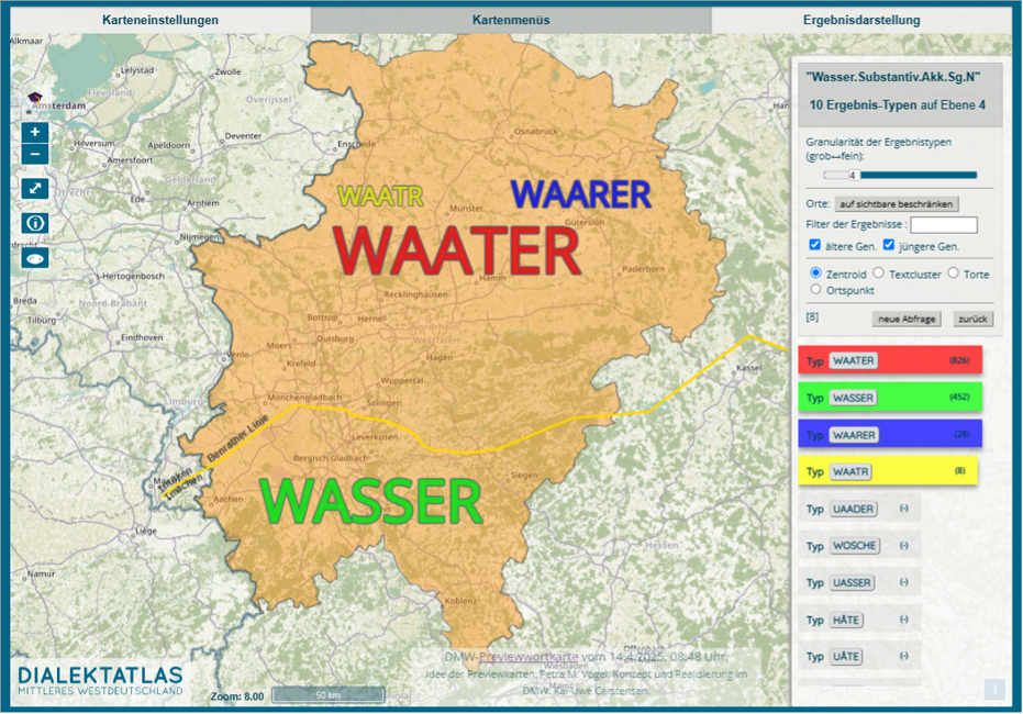 Preview-Wortkarte f&uuml;r das Wort Wasser mit Benrather Linie (Zentroid-Darstellung) 
