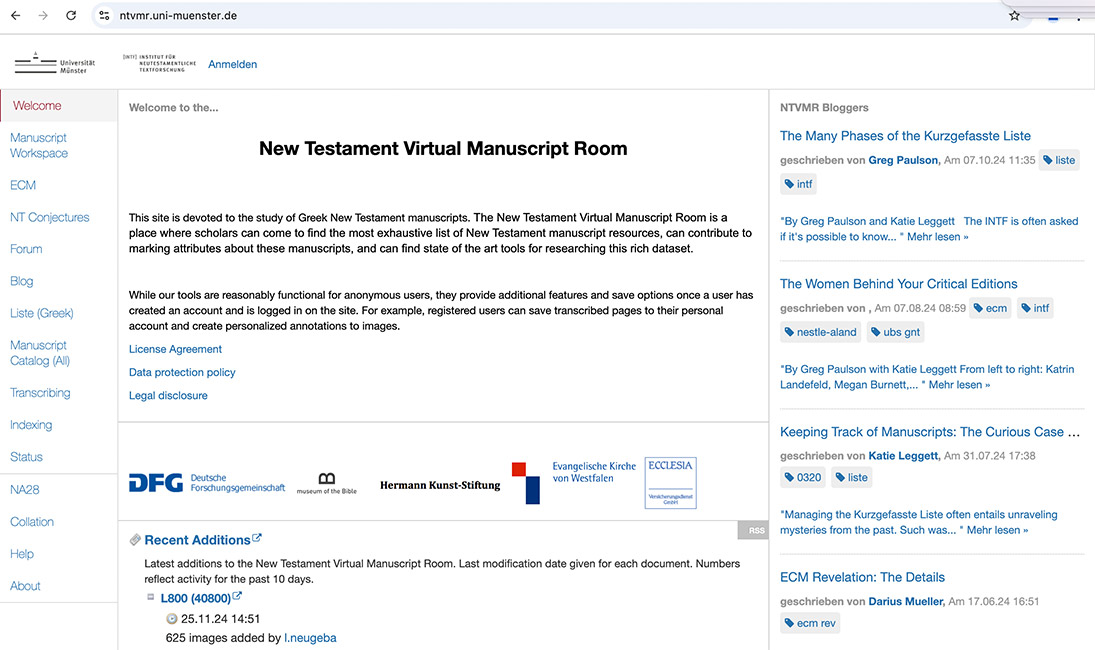 Screenshot des New Testament Virtual Manuscript Rooms der Uni M&uuml;nster 