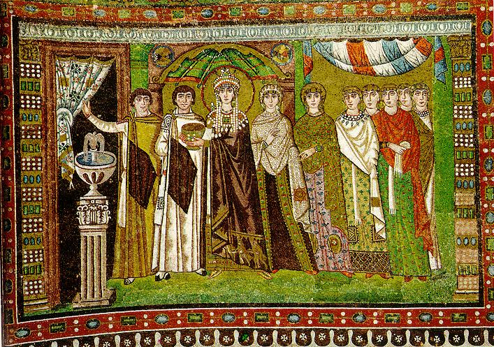 Kaiserin Theodora und ihre Gefolge, Mosaik von San Vitale in Ravenna, 6. Jh. n. Chr. 