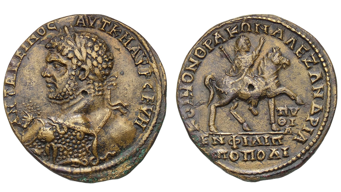 M&uuml;nze: Portr&auml;t des Kaisers Caracalla mit Aegis und Lorbeerkranz 