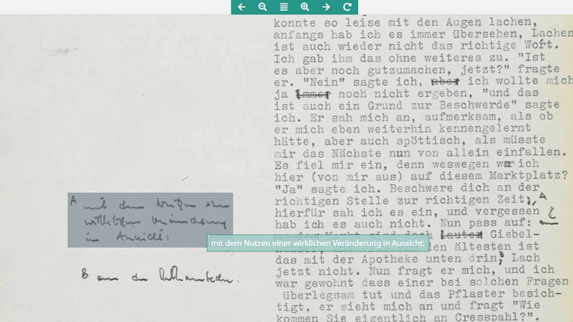 Typoskript von Mutmassungen &uuml;ber Jakob mit Anmerkungen von Johnson, 1958, mit Mouseover-Effekt