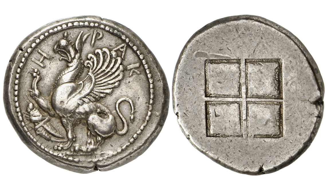 M&uuml;nze: Hockender Greif, vor seinen Pranken eine Heuschrecke