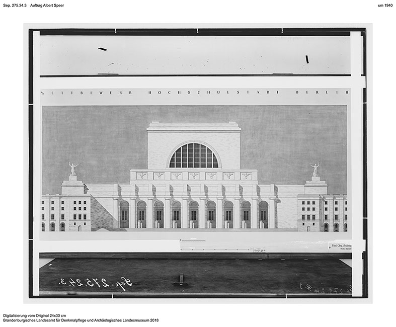 Entwurf eines massiven Hauptgeb&auml;udes mit vorgesetzten Arkaden und einer zentral dominierenden Aula