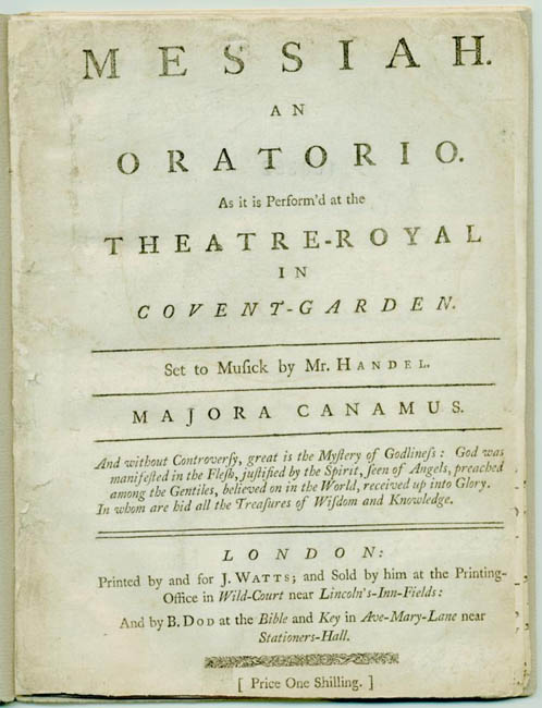 Titelblatt des Librettos zur Messiah-Auff&uuml;hrung, London: Watts, 1749? 