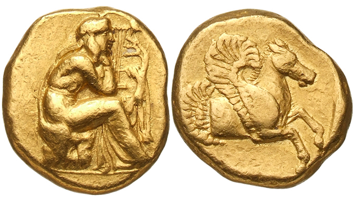 7.1 Avers: Kniende Darstellung des mythischen Musikers Orpheus aus Thrakien 	7.2 Revers: Protome eines gefl&uuml;gelten Pferdes
