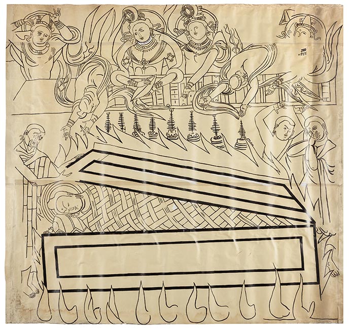 Die Zeichnung von Albert Gr&uuml;nwedel, Leiter der deutschen Expeditionen, zeigt ein Fragment, das im 2. Weltkrieg in Berlin zerst&ouml;rt wurde. 