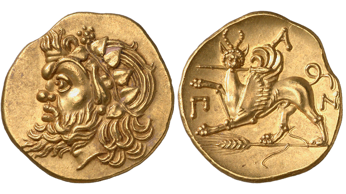 M&uuml;nze: Kopf des Hirtengottes Pan mit Efeukranz