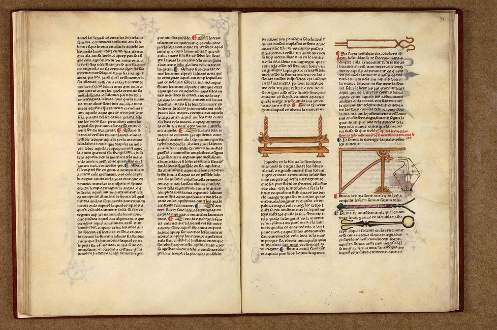 Doppelseitige Buchseite mit dicht bedrucktem Text in zwei Spalten, roten und schwarzen Initialen sowie mehreren handgezeichneten medizinischen Instrumenten im rechten Bereich