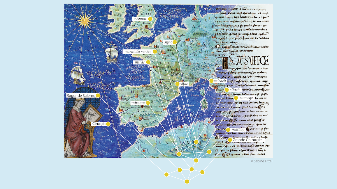 Historische Landkarte von Westeuropa mit eingezeichneten medizinischen Begriffen und einer Illustration eines sitzenden Mannes in mittelalterlicher Kleidung links unten