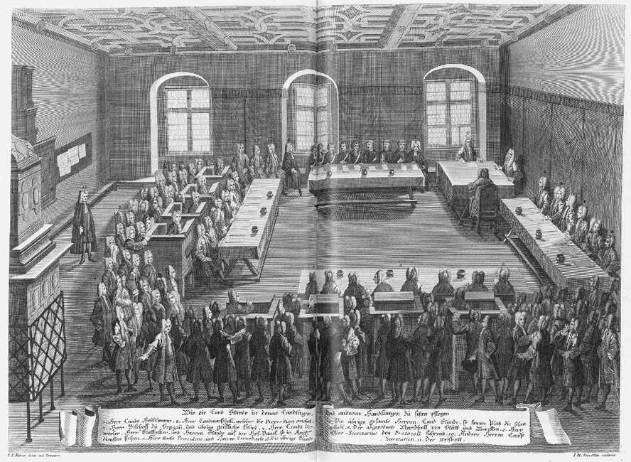 Graz, St&auml;ndeversammlung, 1728 – Kupferstich von Johann Heinrich St&ouml;rcklin (nach Joseph Ignaz Florer)