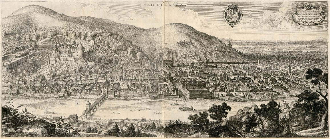 Heidelberg, 1620 – Radierung von Matth&auml;us Merian d. &Auml;., Haidelberga, Ansicht der Stadt Heidelberg von Norden, ca. 105 &times; 44 cm