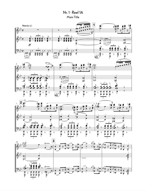 Erich Wolfgang Korngold, „The Adventures of Robin Hood“ (1938), Short Score, Nr. 1, Reel 1A: Main Title, Beginn; Transkription f&uuml;r den betreffenden Band der Erich Wolfgang Korngold Werkausgabe, hrsg. von Johannes Gall und Silke Reich 