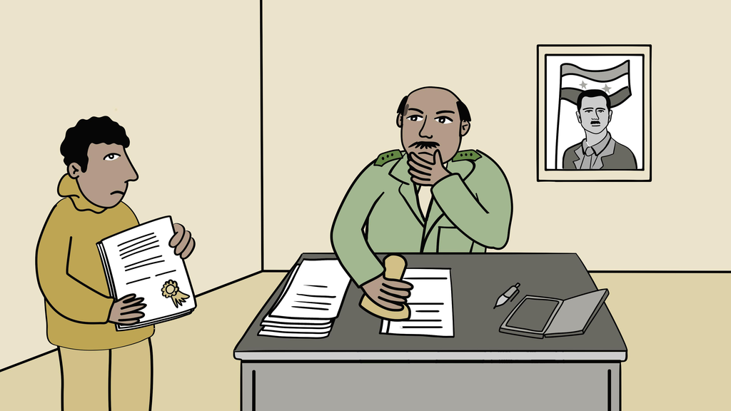 Illusstration: eine Person am Schreibtisch mit Stempel in der Hand und Unterlagen. Eine zweite Person steht mit Papieren in der Hand daneben.