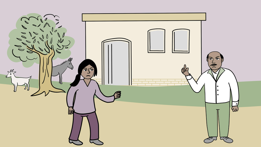 Illustration: Im Vordergrund sind zwei streitende Personen zu sehen. Im Hintergrund eine Ziege, ein Baum, ein Esel, ein Haus.