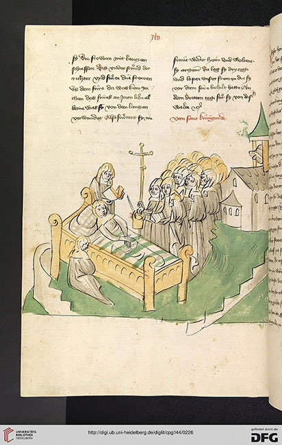 Die heilige Kunigunde liegt auf ihrem Sterbebett, w&auml;hrend eine Mitschwester neben ihr f&uuml;r sie betet und eine andere aus der Bibel vorliest. In einem langen Zug n&auml;hern sich die &uuml;brigen Mitschwestern, um ihr die letzte &Ouml;lung zu bringen. Im Hintergrund verk&uuml;ndet die Glocke der Klosterkirche schon ihren nahenden Tod