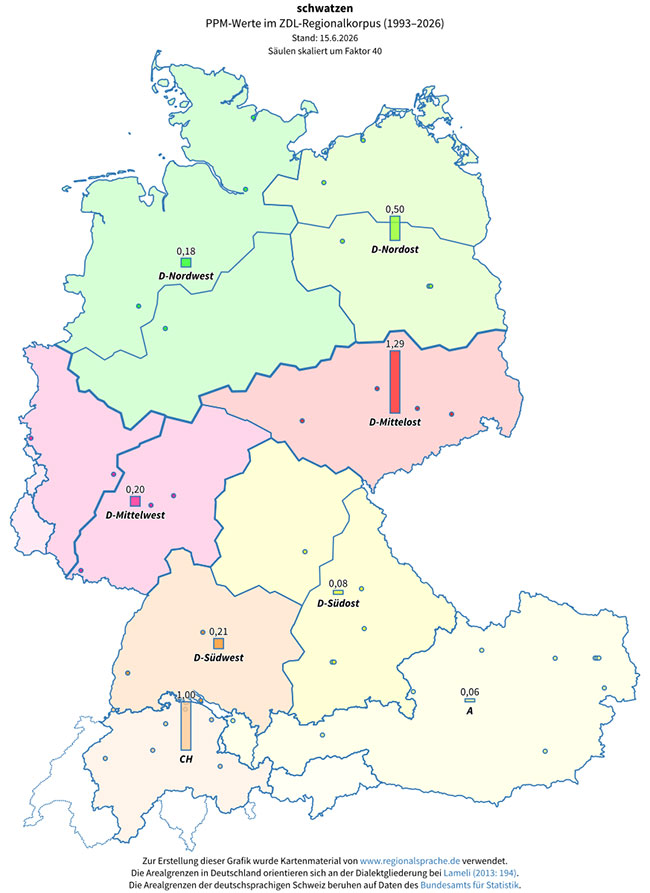 Karte f&uuml;r die regionale Verteilung von „schwatzen“ im ZDL-Regionalkorpus