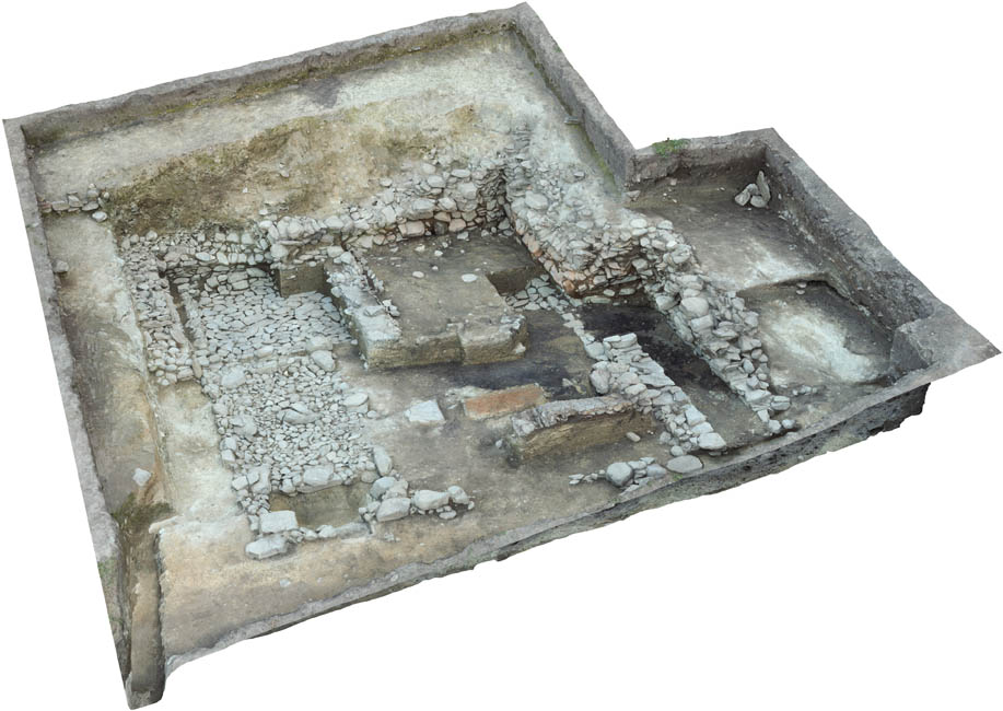 Pfaffenhofen-H&ouml;rtenberg. Digitales Gel&auml;ndemodell mit Steinfundamenten und Steinb&ouml;den der Ausgrabungsfl&auml;che 2016.