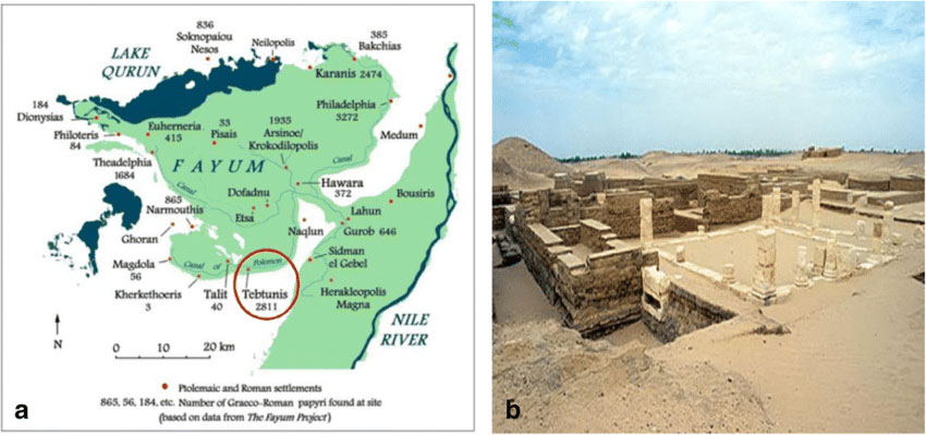 a) Eine Karte von Faijum, welche die Position der antiken Stadt Tebtunis zeigt b) Der gro&szlig;e Tempel zu Ehren des Krokodilgotts Sobek 