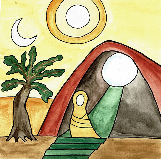 Nymphengrotte von Dr. Simone Seibert, 2022. In Porphyrios' allegorischer Erkl&auml;rung einer Passage aus der Odyssee hat die Nymphengrotte zwei Ausg&auml;nge: einer f&uuml;hrt die Seele hinab in das Leben, der andere hinauf in die Ewigkeit. Der Olivenbaum ist Symbol der g&ouml;ttlichen Vernunft. SAPERE Band 32.