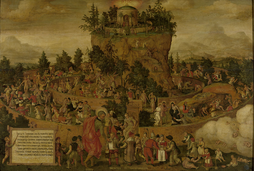 Tabula Cebetis, anonym, 1573, Rijksmuseum Amsterdam SK-A-2372. Die allegorische Beschreibung eines Lebenweges durch verschiedene Mauerringe bis zum Gipfel der Gl&uuml;ckseligkeit findet sich in SAPERE Band 8.