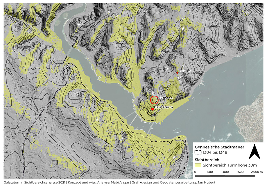 Sichtbereichsanalyse des Galataturms bei einer hypothetischen H&ouml;he von 30 Metern
