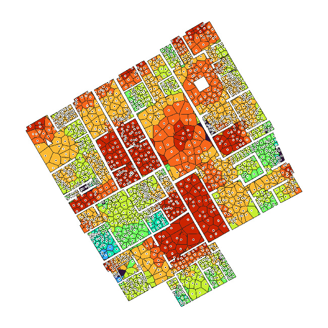 Darstellung der cylindrischen Beleuchtungsst&auml;rke als Jahres-Median f&uuml;r einen Ausschnitt Regio I Insula 11 in Pompeji 