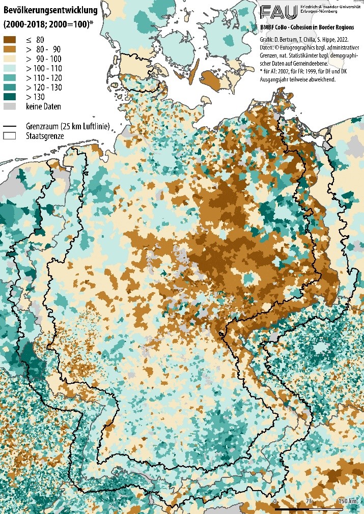 R&auml;umlicher Fokus des CoBo-Projektes – die Grenzregionen Deutschlands mit seinen Nachbarregionen – hier hinterlegt mit dem demographischen Indikator Bev&ouml;lkerungsentwicklung