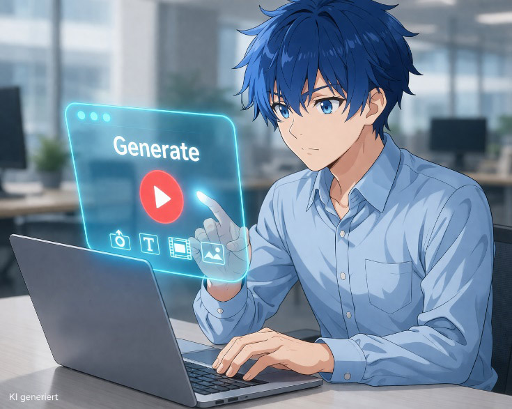 Junger Mann mit blauem Haar sitzt an einem Laptop und ber&uuml;hrt ein schwebendes, transparentes Hologramm mit dem Wort 'Generate' und einem roten Wiedergabe-Button