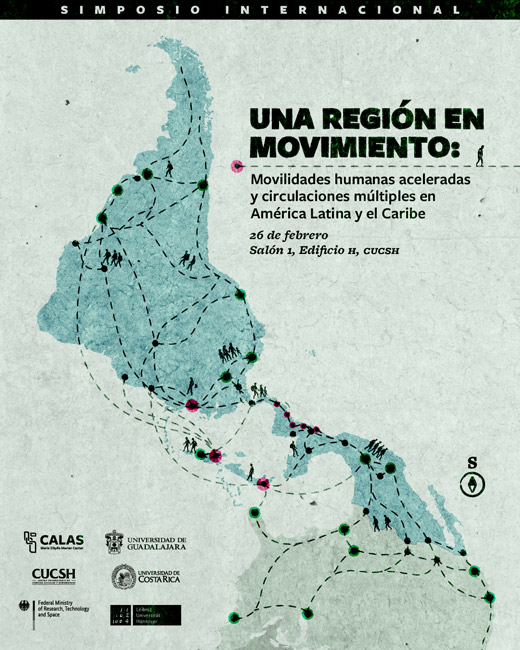  Karte von Mittelamerika mit Linien und Symbolen f&uuml;r menschliche Bewegungen und Verbindungen, dazu Text 'UNA REGI&Oacute;N EN MOVIMIENTO' und Veranstaltungsdetails