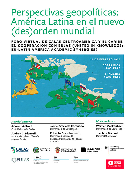 Weltkarte mit farbigen L&auml;nderumrissen und Flaggen, dar&uuml;ber spanischer Text zu einem virtuellen Forum &uuml;ber geopolitische Perspektiven in Lateinamerika mit Datum und Uhrzeiten