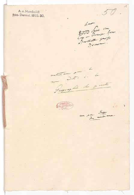 Umschlagblatt des Nachlassdokuments "Mat&eacute;riaux pour la nouvelle &eacute;dition de la G&eacute;ographie des plantes"