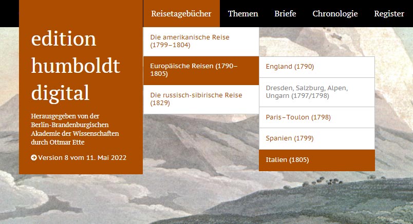 Screenshot Navigationsmen&uuml; der edition humboldt digital 
