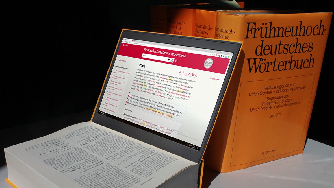 ein W&ouml;rterbuch und ein aufgeklapptes Buch mit einem Monitor